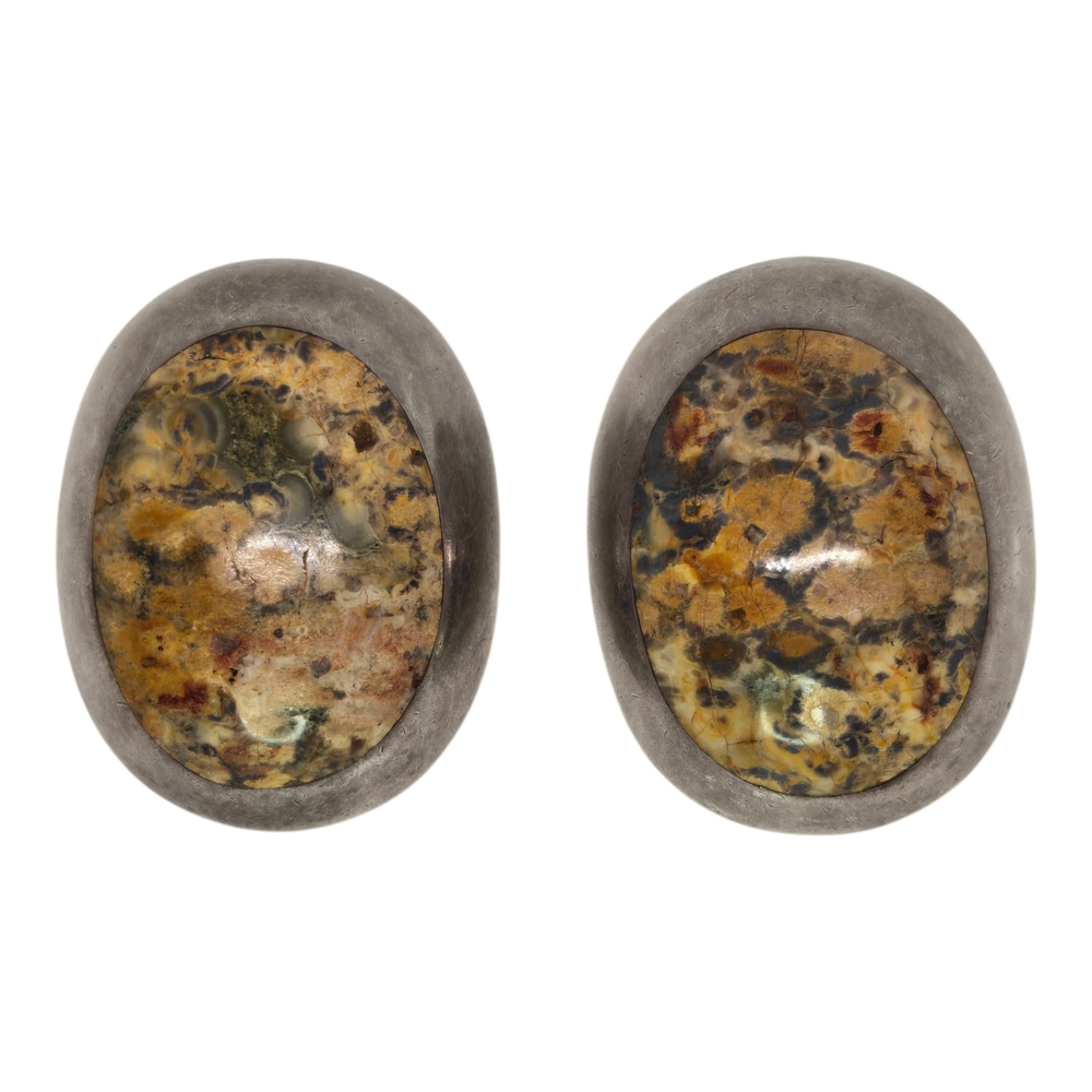 Taxco 925 Sterling Silver Jasper Oval Earrings by Antonio Hernandez Hdez Clipon